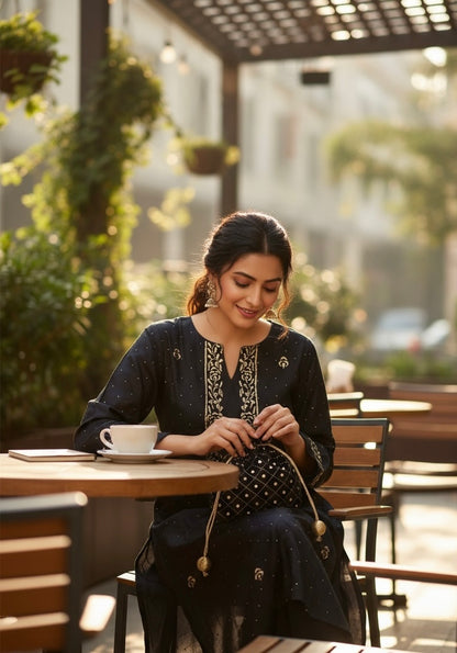 Pure Silk Kurta with Mukaish Badla & Kantha work Mukaish Dupatta