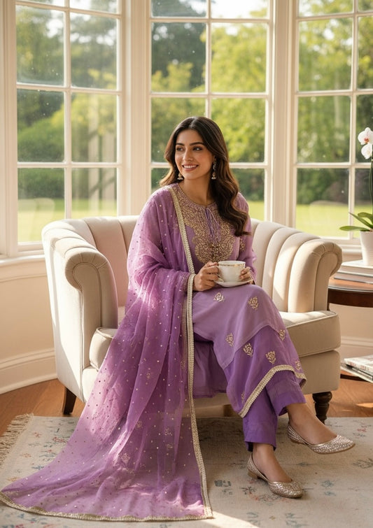 Model sitting on a sofa wearing Lavender Purple Organza Suit with Mukaish 