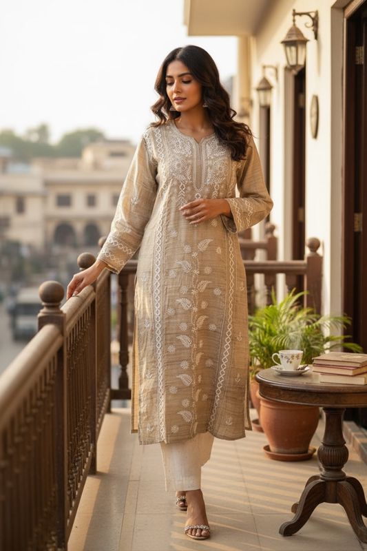 Model showcasing Pure Tussar Silk Chikankari Kurta on a balcony with traditional detailing.