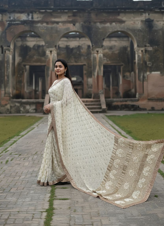 Mukaish and Pearls Saree - Pure Georgette