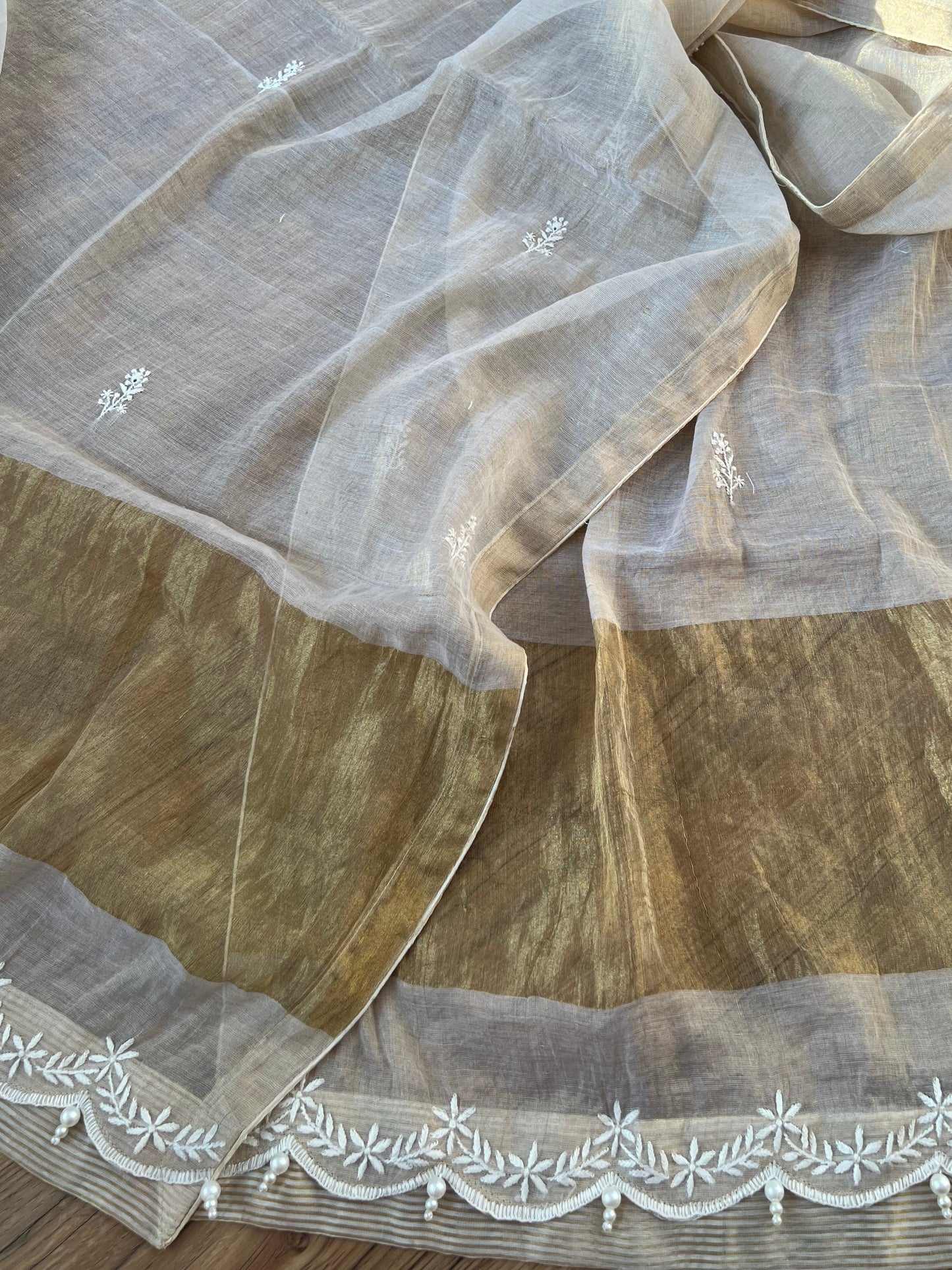 Natural Pure Tissue Silk Hand-Embroidered Chikankari Suit Set with Pearl Detailing