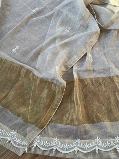 Natural Pure Tissue Silk Hand-Embroidered Chikankari Suit Set with Pearl Detailing