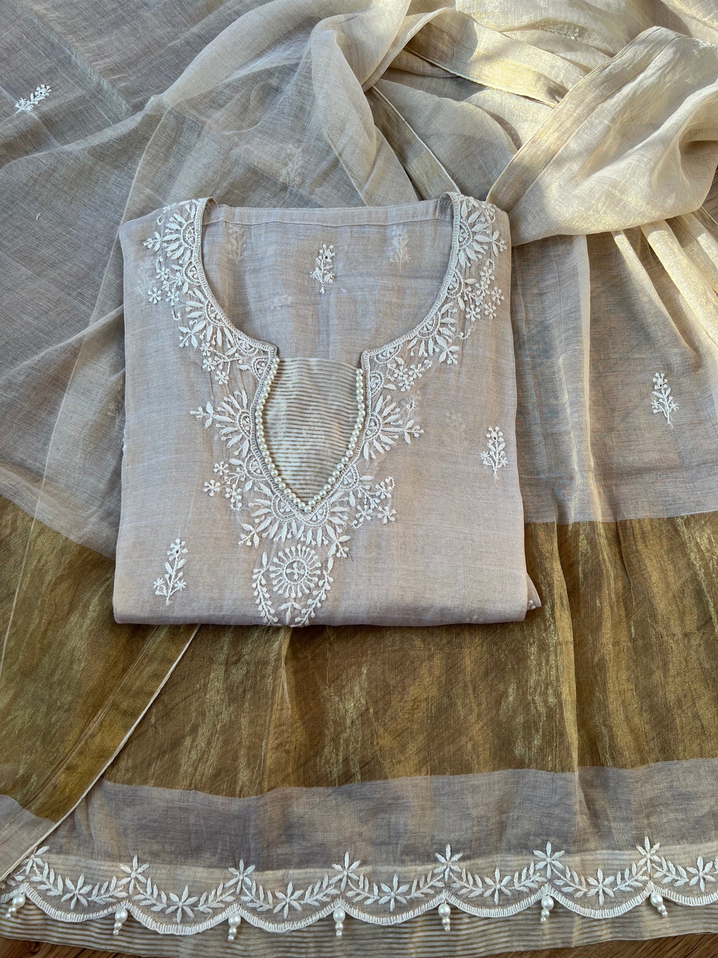 Natural Pure Tissue Silk Hand-Embroidered Chikankari Suit Set with Pearl Detailing