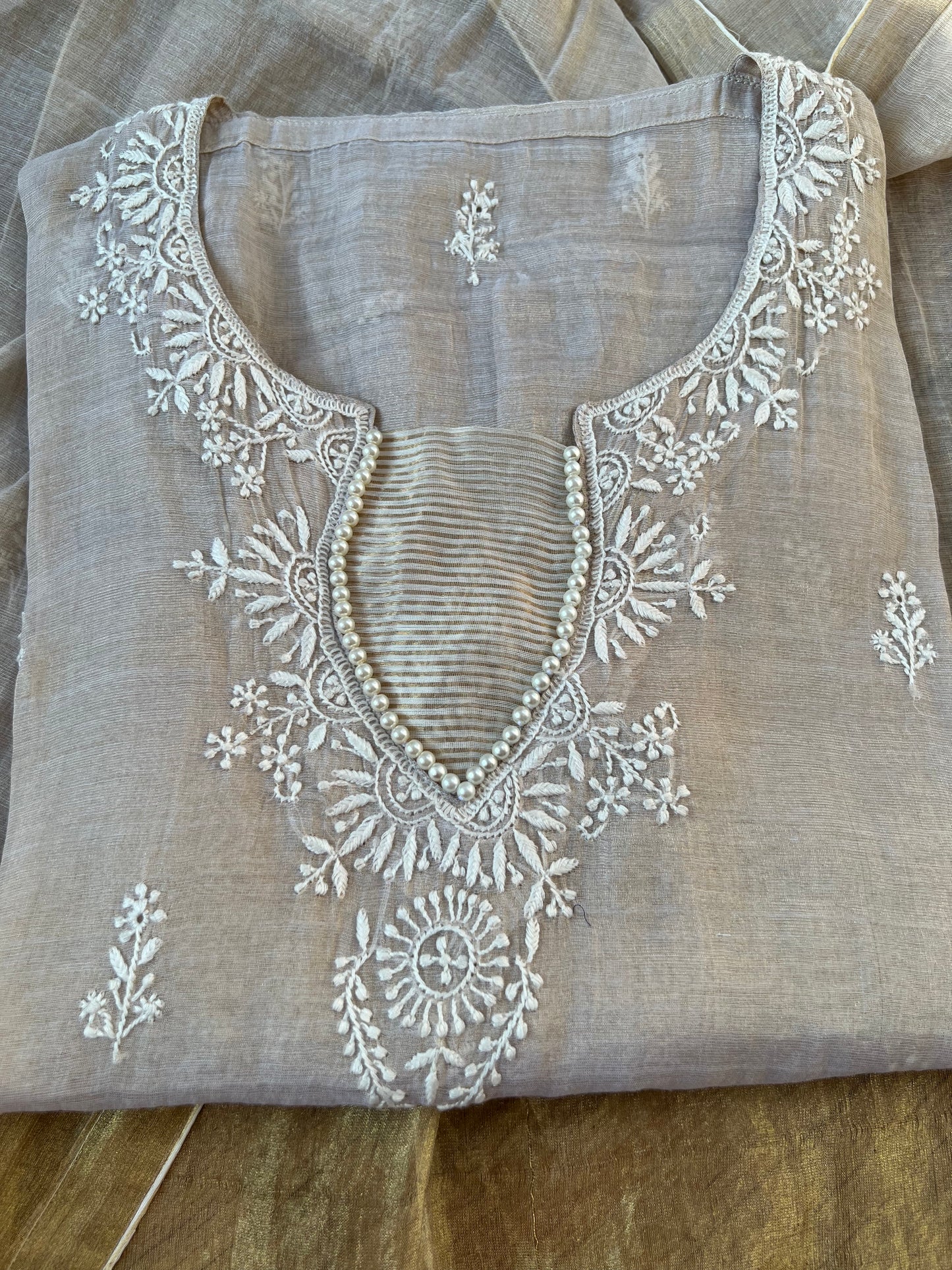 Natural Pure Tissue Silk Hand-Embroidered Chikankari Suit Set with Pearl Detailing