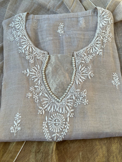 Natural Pure Tissue Silk Hand-Embroidered Chikankari Suit Set with Pearl Detailing