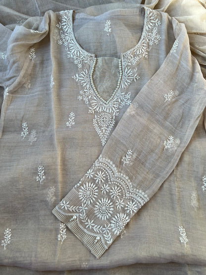 Natural Pure Tissue Silk Hand-Embroidered Chikankari Suit Set with Pearl Detailing