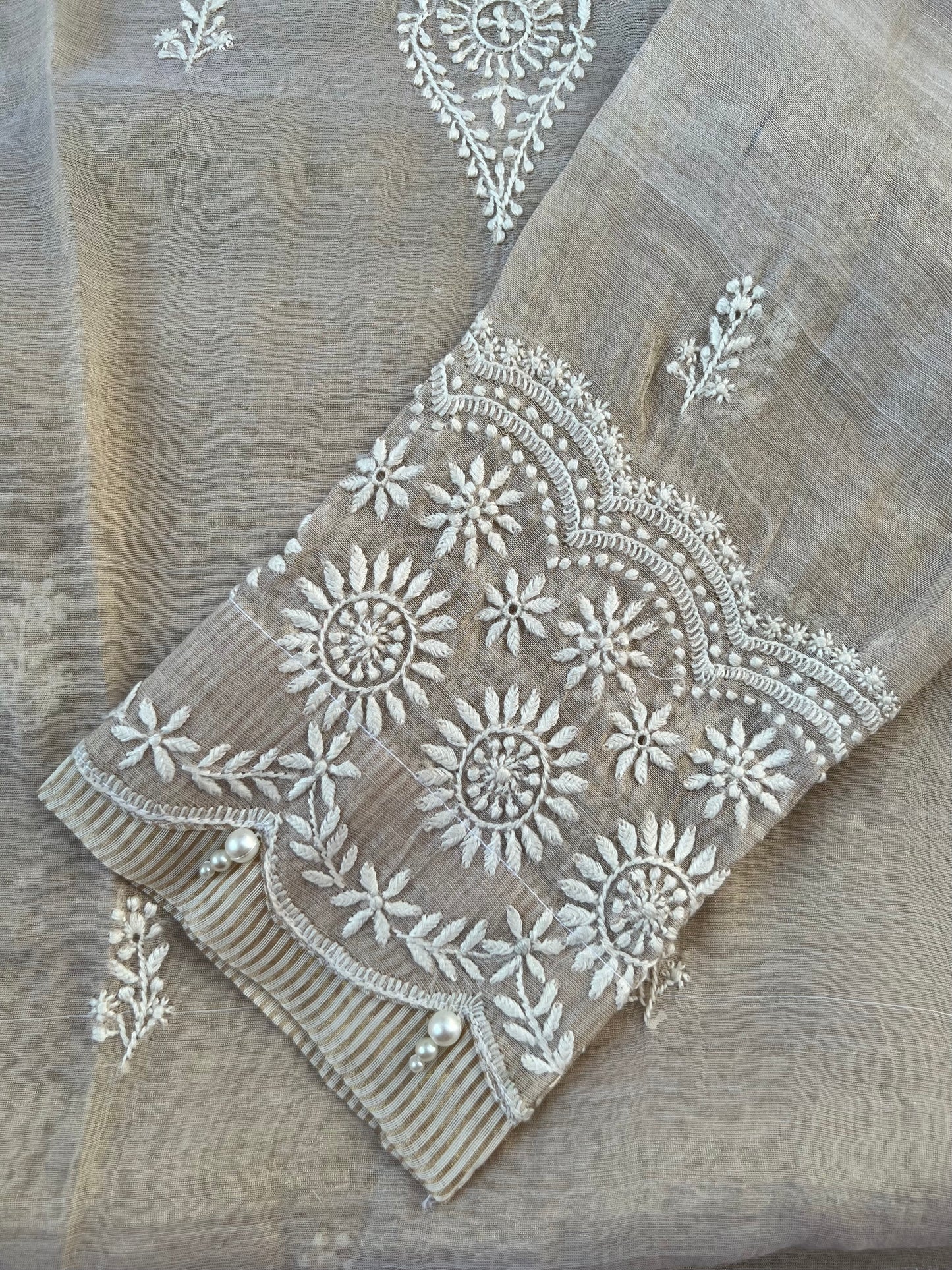 Natural Pure Tissue Silk Hand-Embroidered Chikankari Suit Set with Pearl Detailing