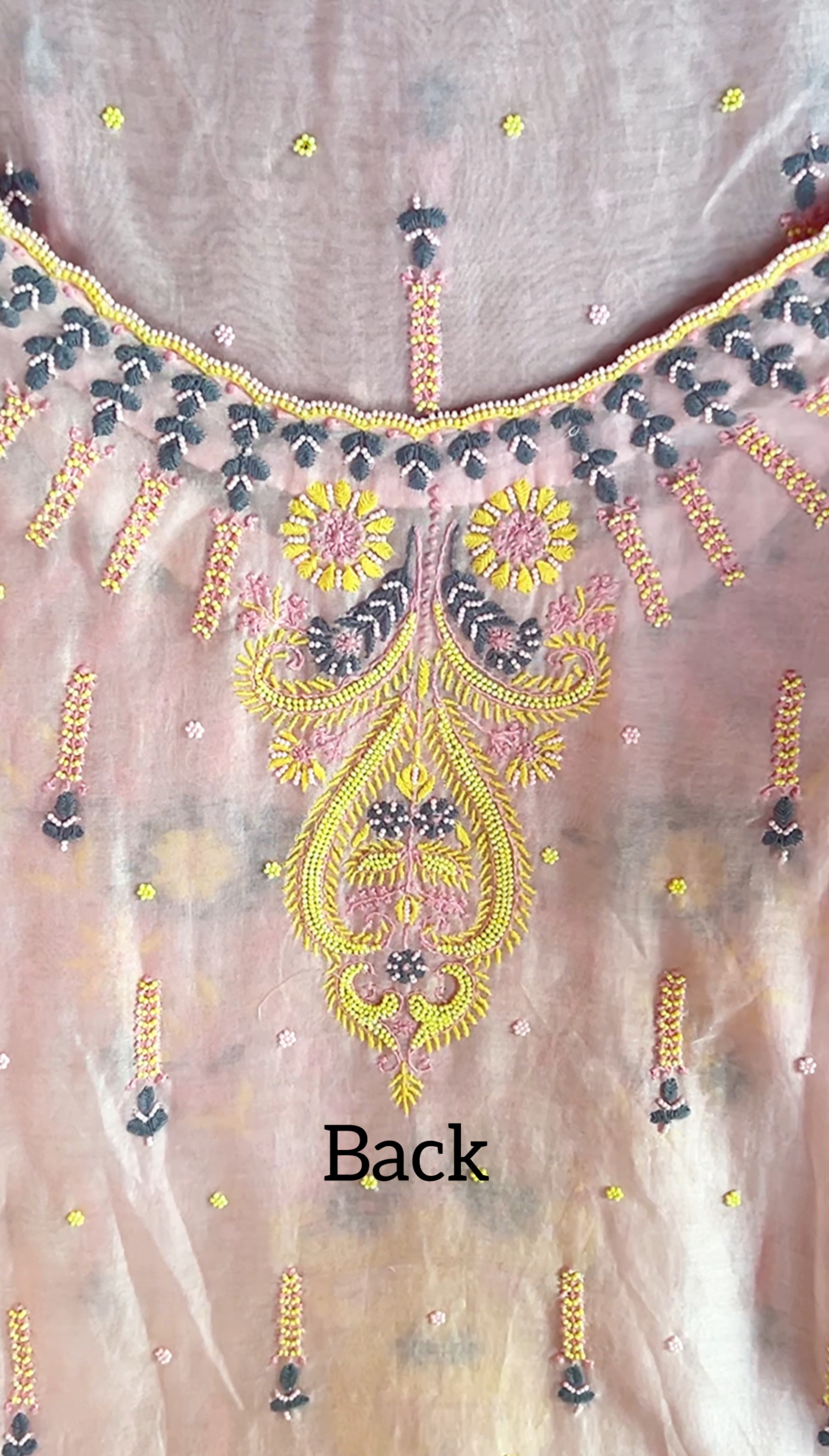 Blush Pink Chanderi Silk Suit with Chikankari & Pearls close up