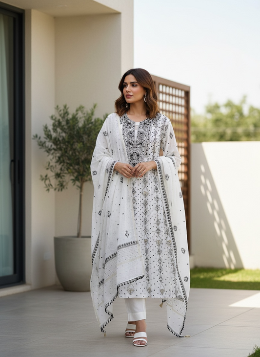 Monochrome Anarkali with Chikankari and Embellishments| Mul Chanderi