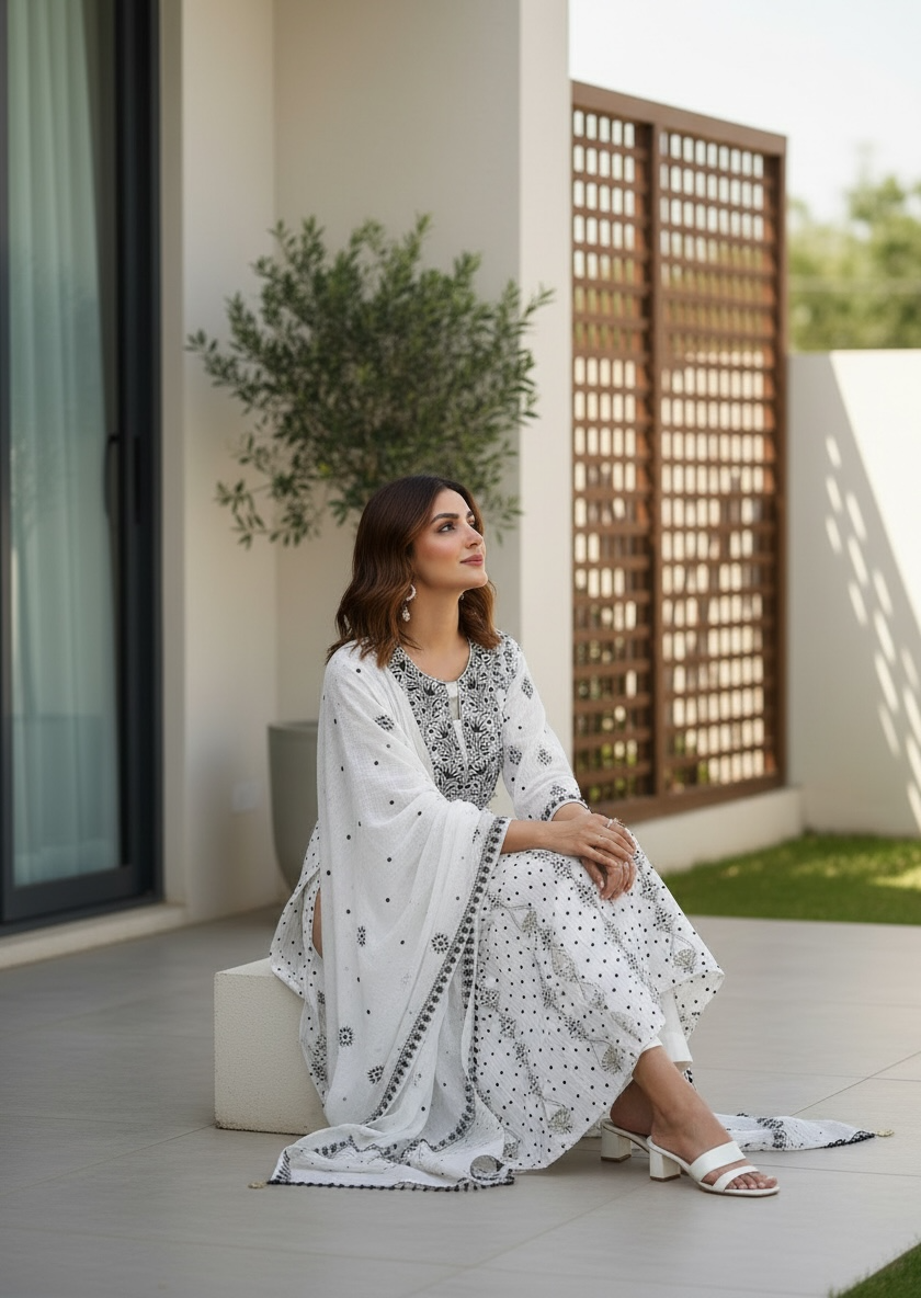 Monochrome Mul Chanderi Anarkali with Chikankari and Embellishments|