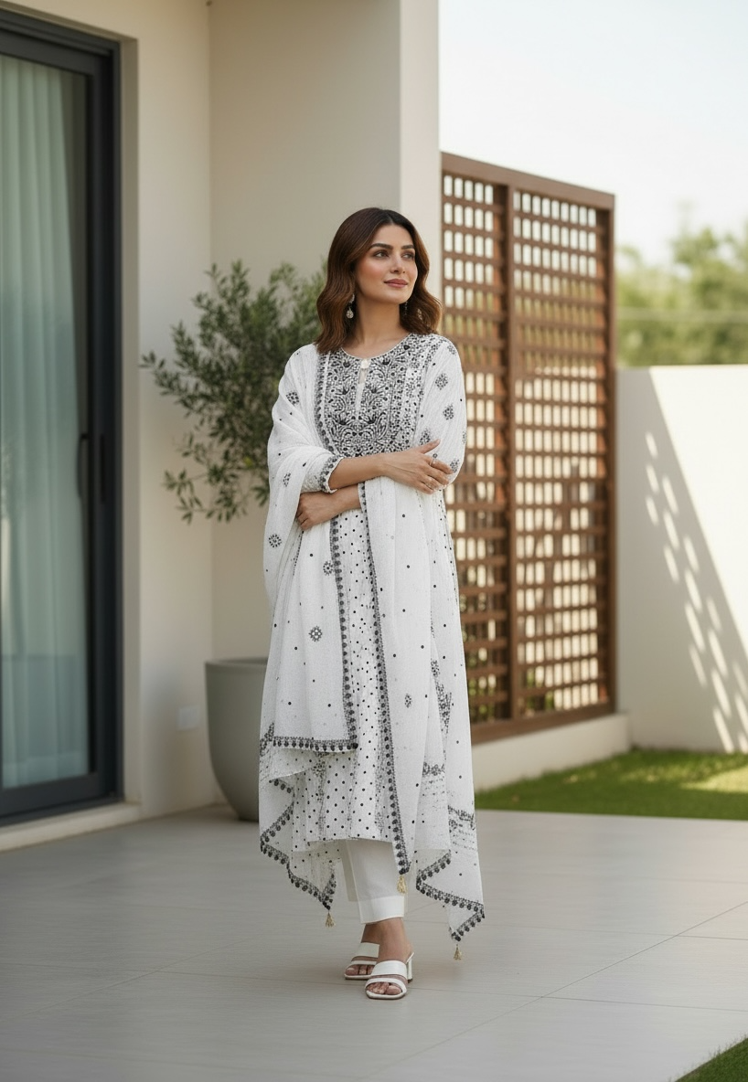 Monochrome Mul Chanderi Anarkali with Chikankari and Embellishments|