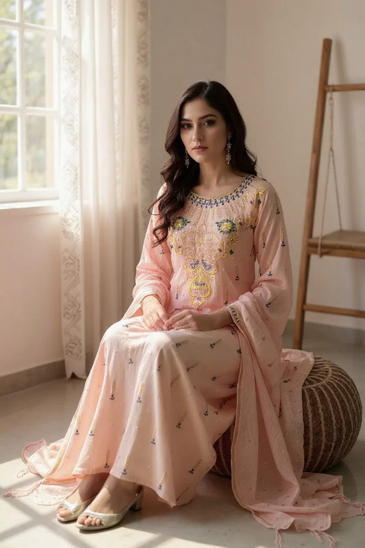 Girl wearing Blush Pink Chanderi Silk Suit with Chikankari & Pearls