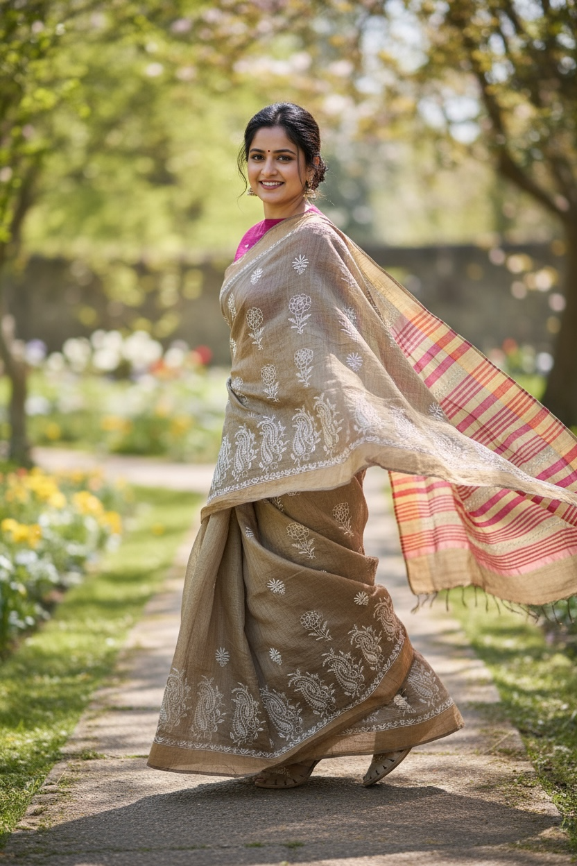 More twirling while wearing Pure Tussar Silk Saree With Chikankari