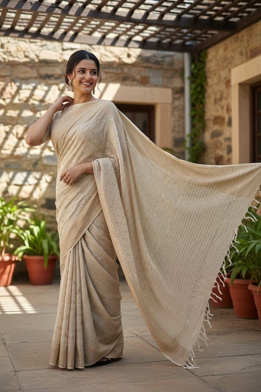 Model wearing Close up of Pure Munga Silk Saree With Mukaish 