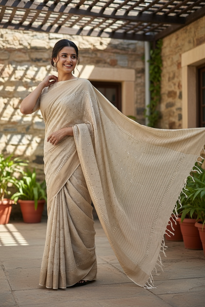 Model wearing Close up of Pure Munga Silk Saree With Mukaish 