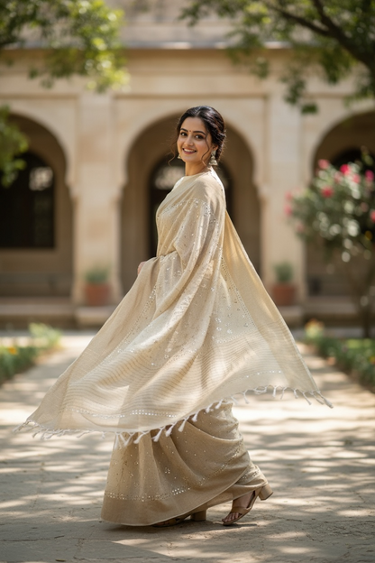 Model twirling a Pure Munga Silk Saree With Mukaish 