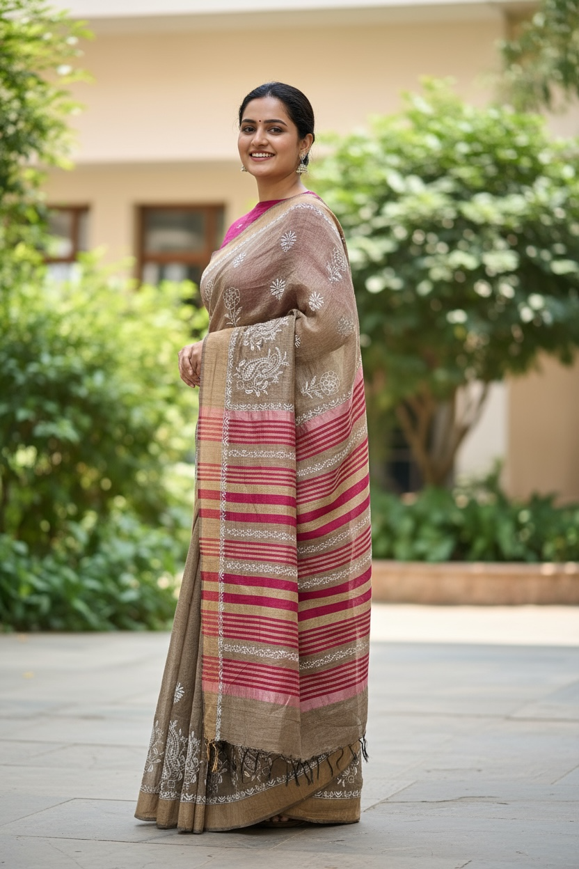Model wearing Pure Tussar Silk Saree With Chikankari