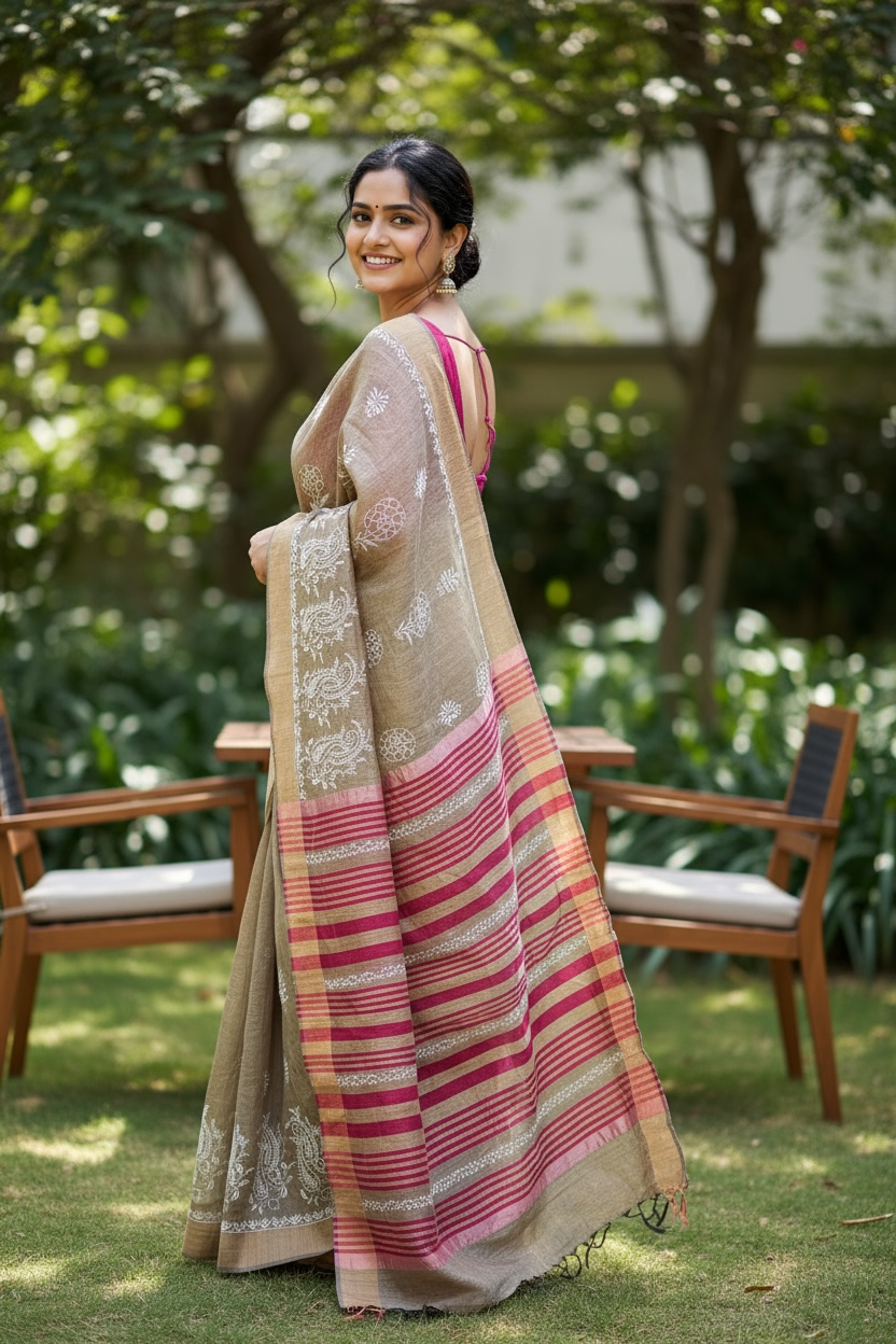 Side view of model wearing Pure Tussar Silk Saree With Chikankari