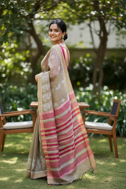 Side view of model wearing Pure Tussar Silk Saree With Chikankari