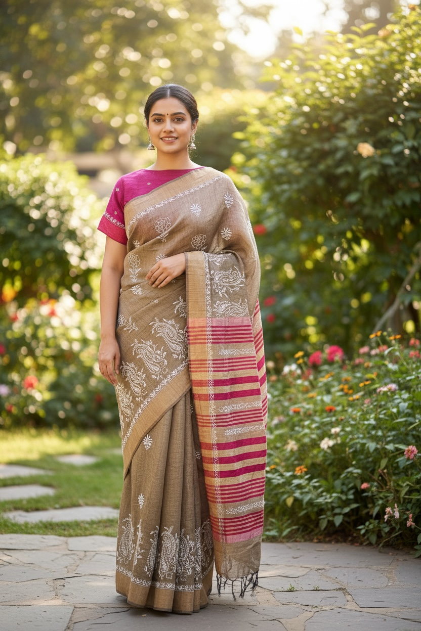 Model wearing Pure Tussar Silk Saree With Chikankari