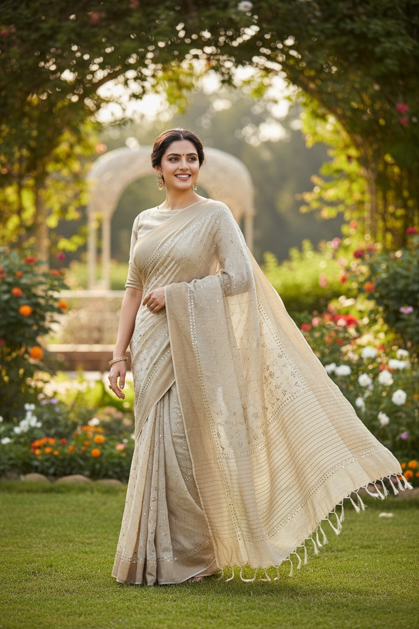 Model wearing a Pure Munga Silk Saree With Mukaish 