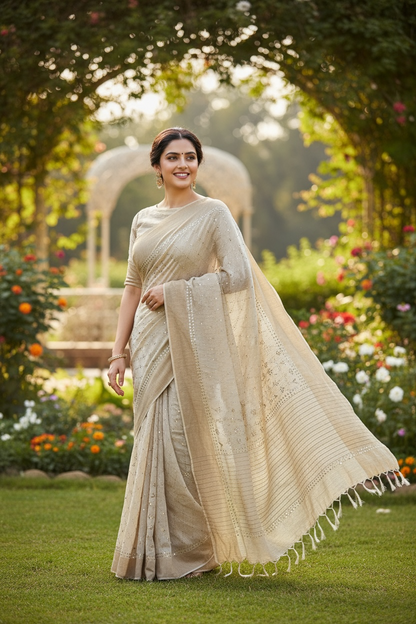 Model wearing a Pure Munga Silk Saree With Mukaish 