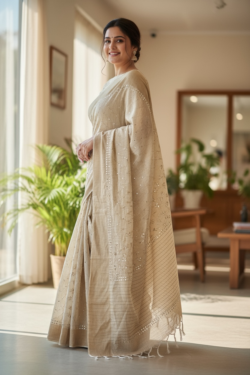 Model wearing a Pure Munga Silk Saree With Mukaish 