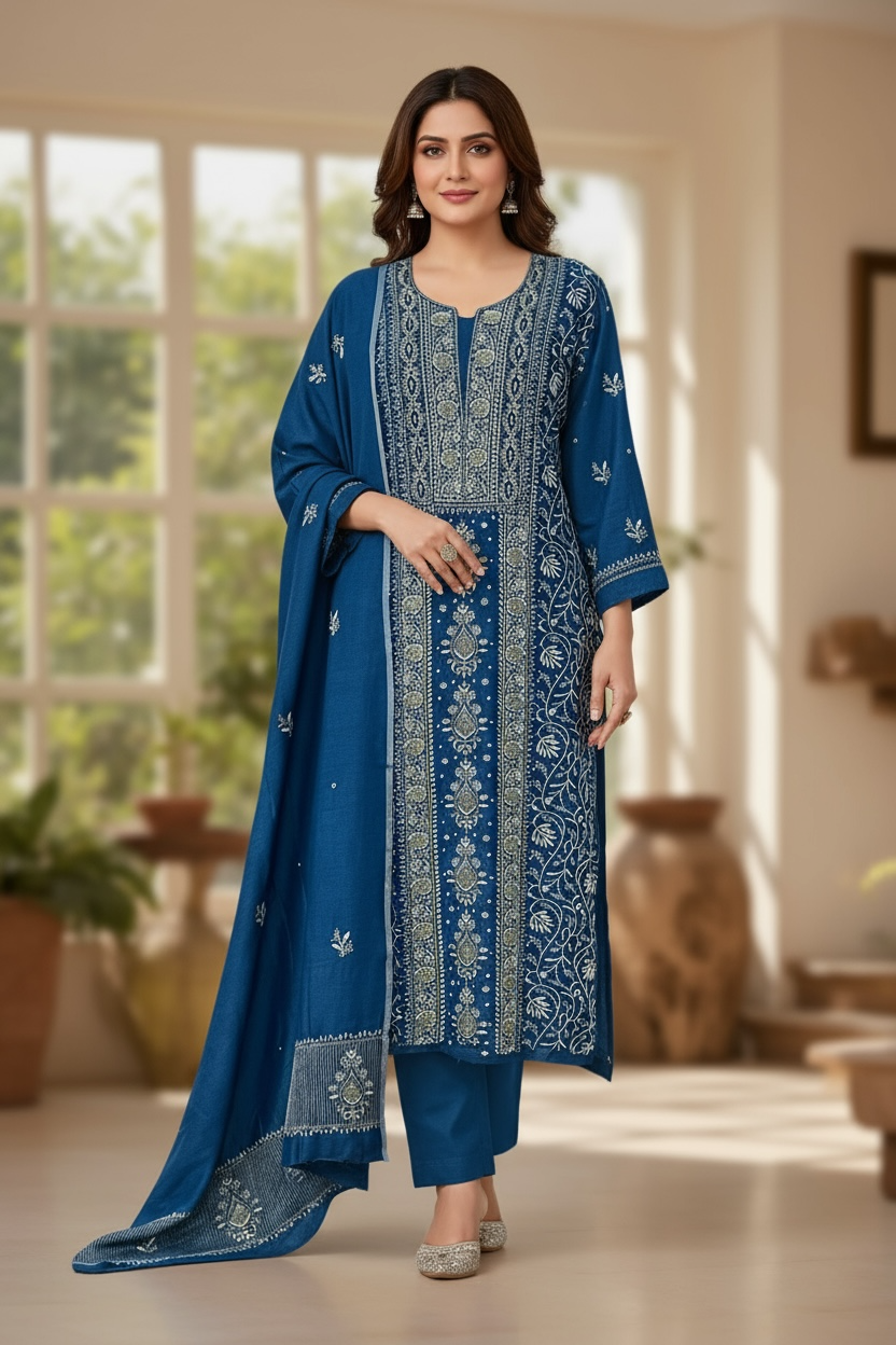 Blue Pure Munga Silk Chikankari with Embellishments | Eternal Craftsmanship