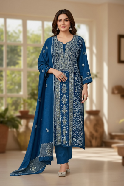 Blue Pure Munga Silk Chikankari with Embellishments | Eternal Craftsmanship