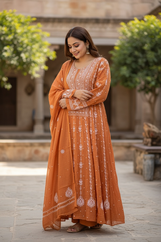 Rust Tissue Chanderi Silk Anarkali - Chikankari and Embellishments