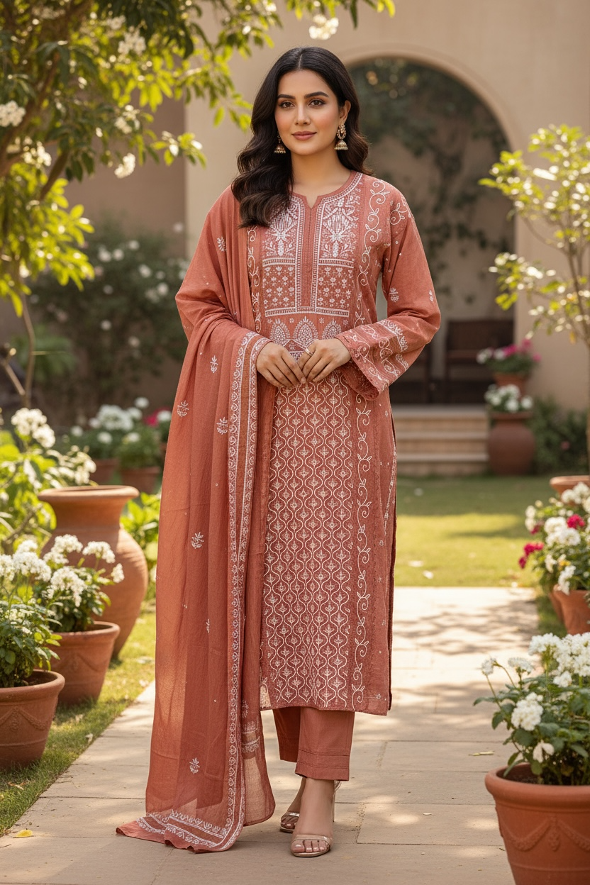 Burnt Peach Tissue Chanderi Silk Suit with Chikankari and Embellishments