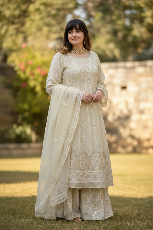 Pure Organza Silk Anarkali – Hand-Embroidered Chikankari & Luxe Embellishments