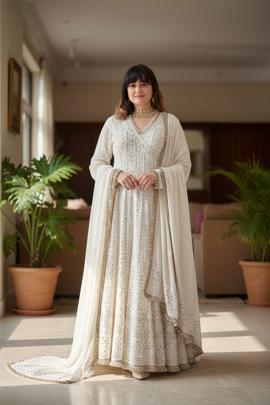 Chikankari and Mukaish Pure Georgette Angarkha