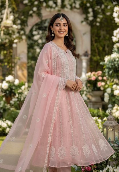 Pink Pure Organza Silk Anarkali – Hand-Embroidered Chikankari & Luxe Embellishments