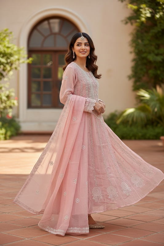 Pink Pure Organza Silk Anarkali – Hand-Embroidered Chikankari & Luxe Embellishments