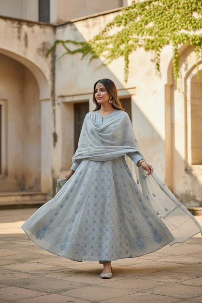 Silver Grey Mul Chanderi Anarkali – Hand-Embroidered Chikankari & Haath Jaali Work