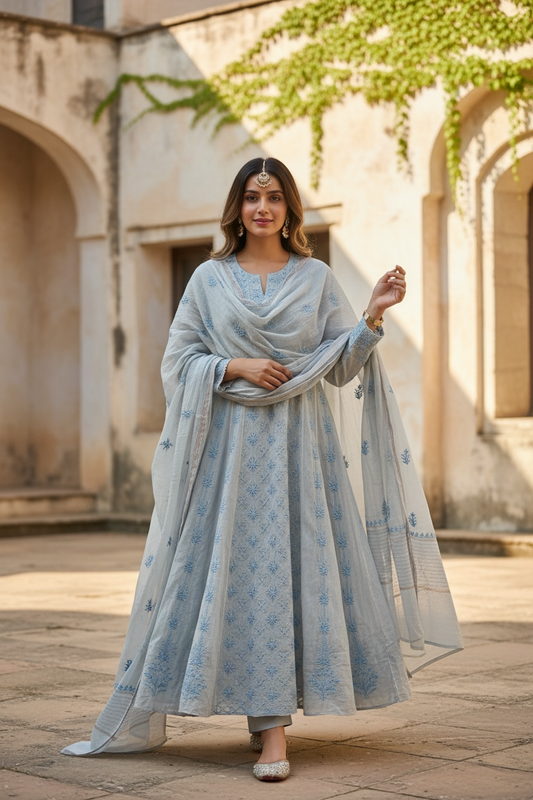 Silver Grey Mul Chanderi Anarkali – Hand-Embroidered Chikankari & Haath Jaali Work