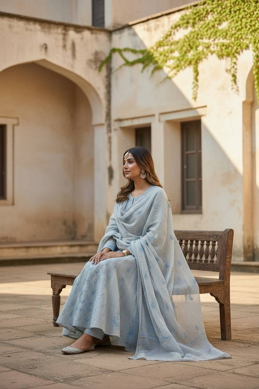 Silver Grey Mul Chanderi Anarkali – Hand-Embroidered Chikankari & Haath Jaali Work