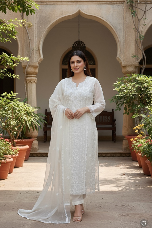 Pure Organza Silk Suit Set with Hand-Embroidered Chikankari & Kamdani