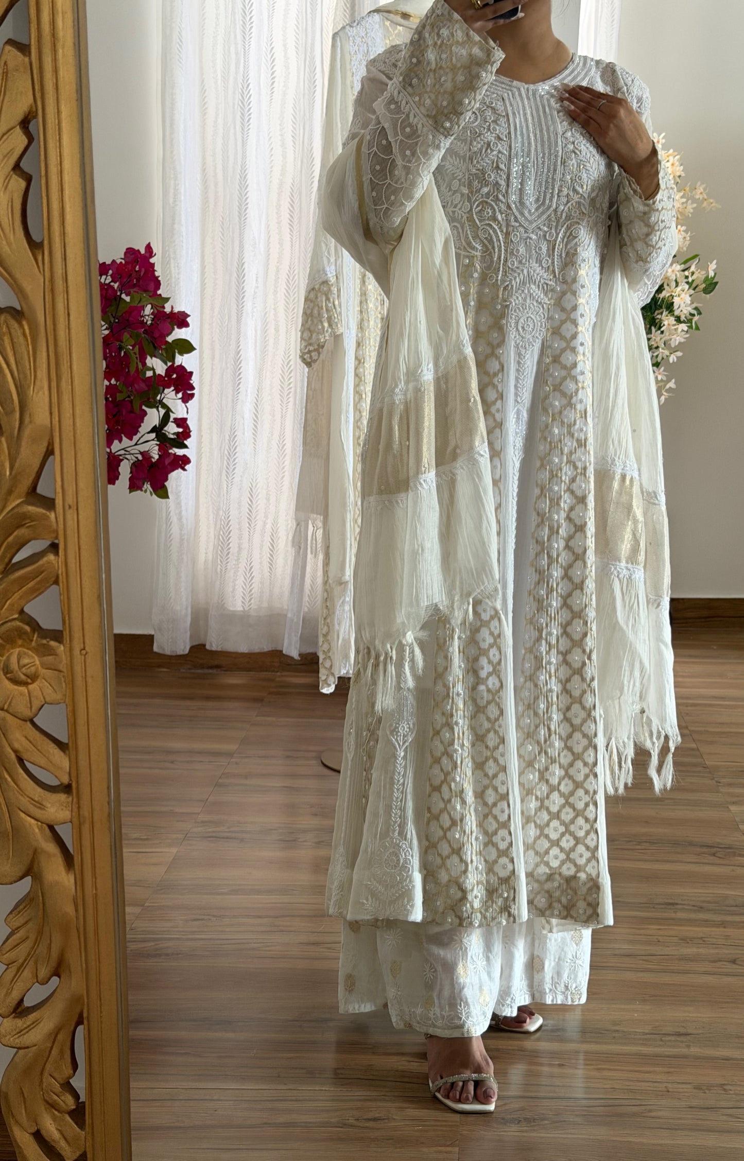 Mul Chanderi Chikankari Anarkali with Pearls, Sequins and Zari | Dyeable Custom Colour | ShaSumz Chikankari