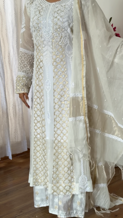 Mul Chanderi Chikankari Anarkali with Pearls, Sequins and Zari | Dyeable Custom Colour | ShaSumz Chikankari