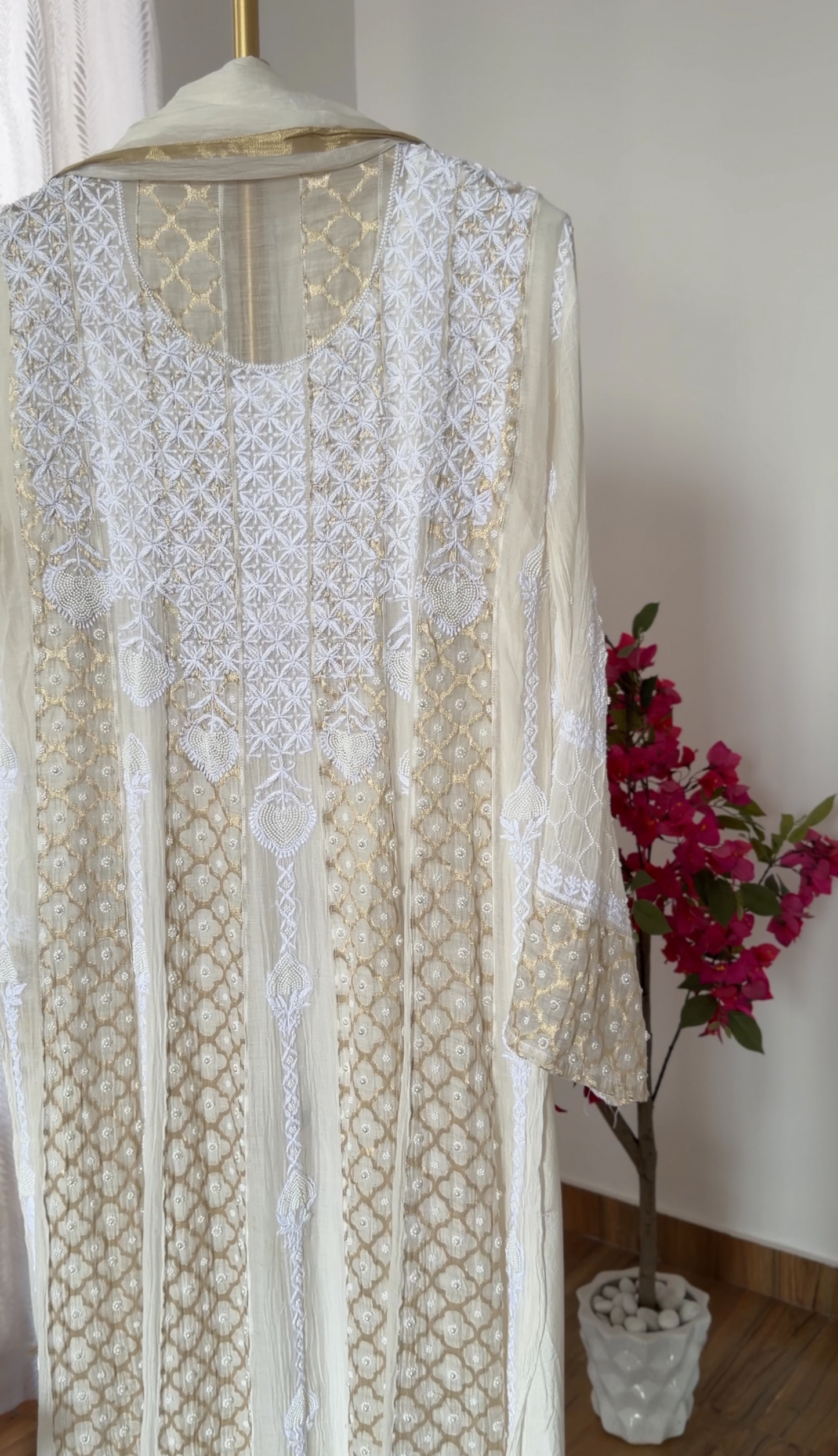 Mul Chanderi Chikankari Anarkali with Pearls, Sequins and Zari | Dyeable Custom Colour | ShaSumz Chikankari