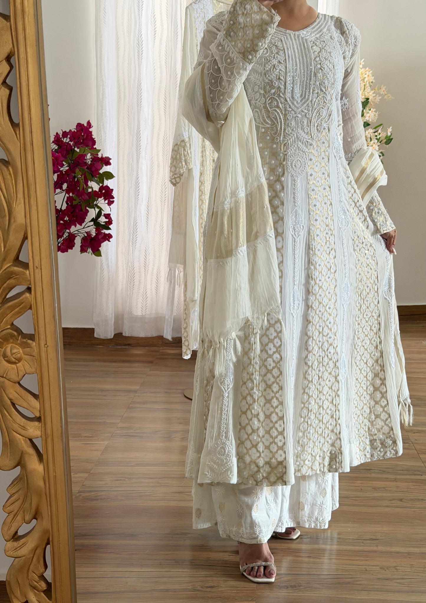 Mul Chanderi Chikankari Anarkali with Pearls, Sequins and Zari | Dyeable Custom Colour | ShaSumz Chikankari