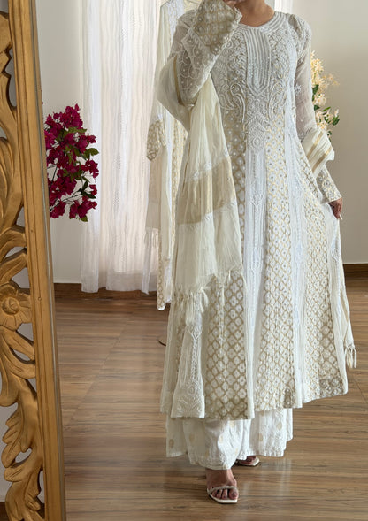 Mul Chanderi Chikankari Anarkali with Pearls, Sequins and Zari | Dyeable Custom Colour | ShaSumz Chikankari