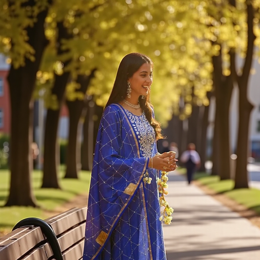 Indigo Blue Pure Tissue Chanderi Mukaish Suit
