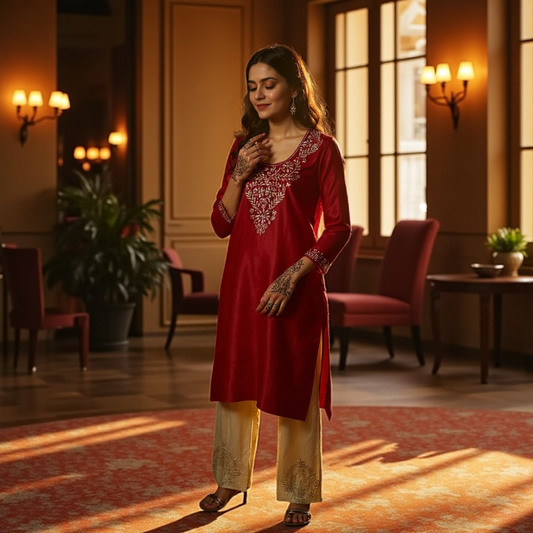 Deep Red Chanderi Mukaish kurta