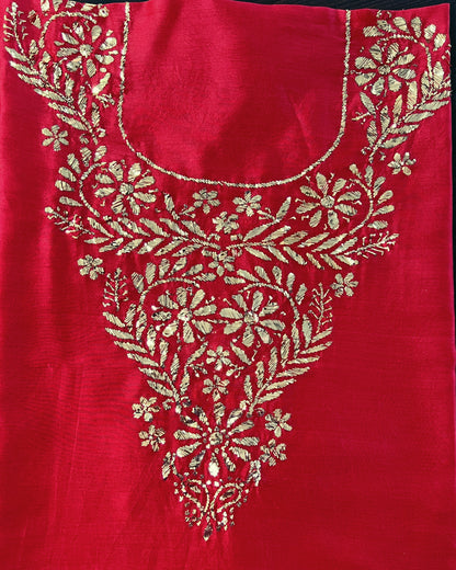 Deep red Chanderi Mukaish kurta close up