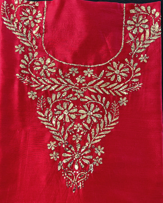 Deep red Chanderi Mukaish kurta close up
