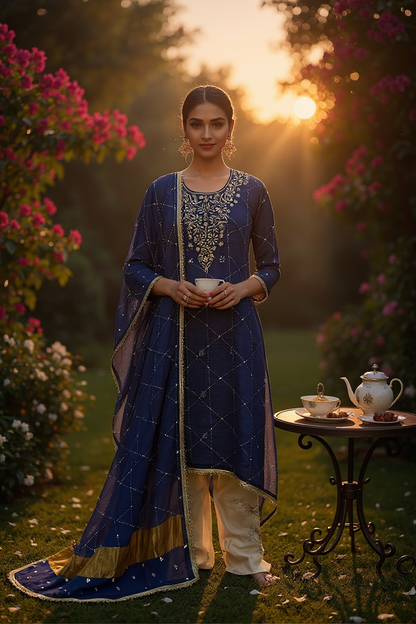 Indigo Blue Pure Tissue Chanderi Mukaish Suit
