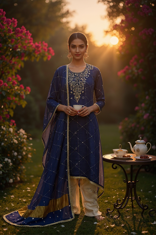 Indigo Blue Pure Tissue Chanderi Mukaish Suit
